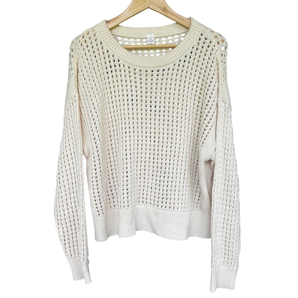 Womens Cream Pullover Sweater Open Knit Size L Fisherman Coastal